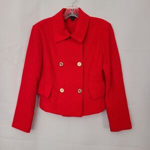 St John Red Double Breasted Wool Blend Knit Gold Buttons Suit Blazer Jacket